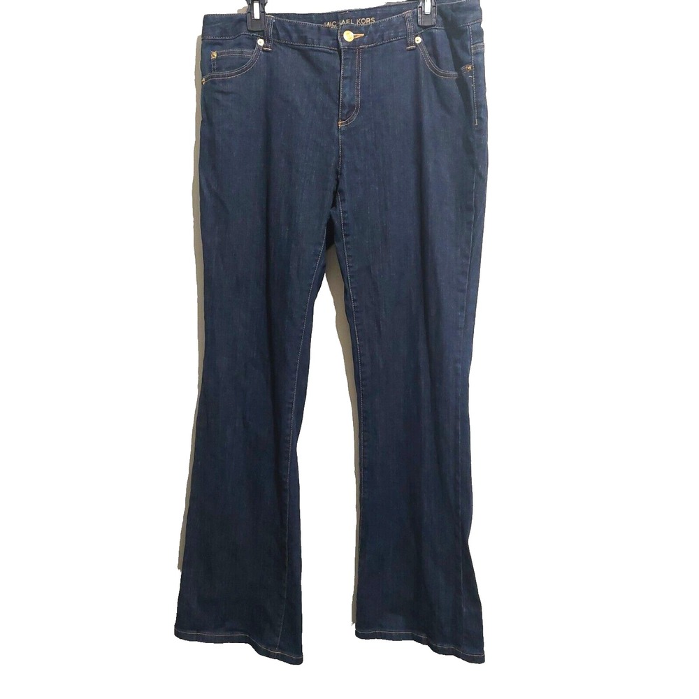 Michael Kors Womens 12 Flared Jeans Mid Rise Stretch Dark Wash Gold Accent